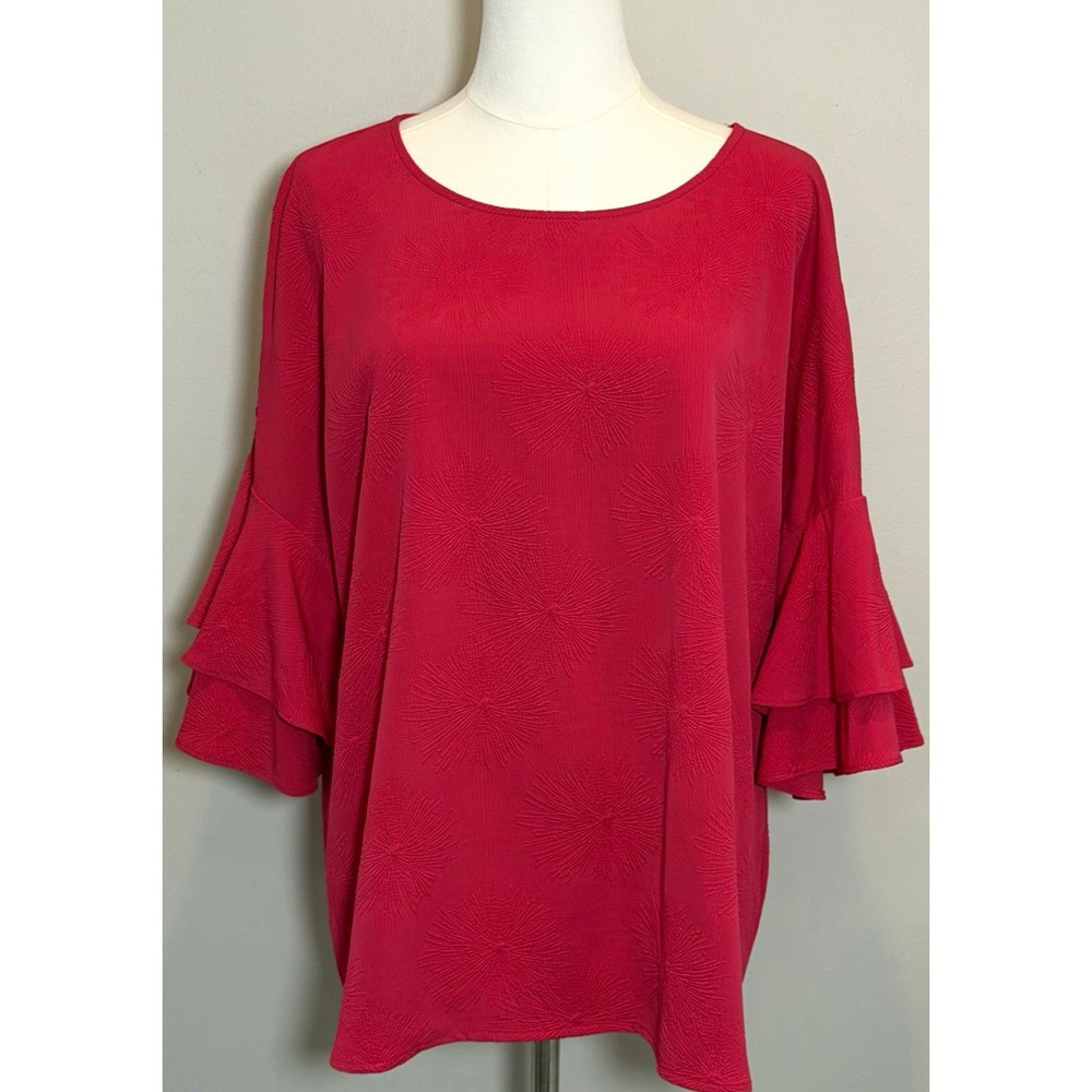 Liz Claiborne Pink Round Neck Ruffle Bell 3/4 Sleeve Blouse XL Burst Design